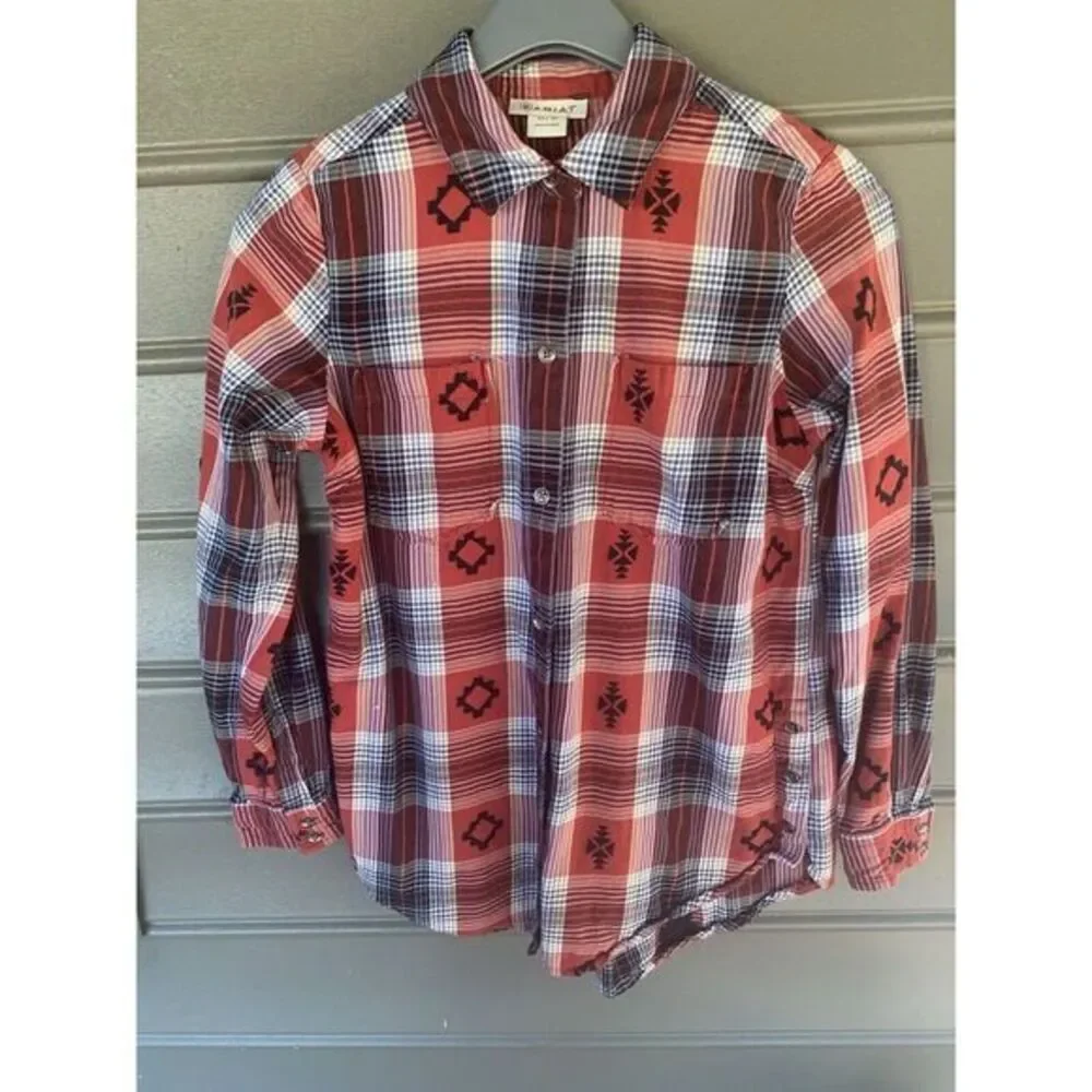 Women's XS ARIAT Red Aztec Plaid Button Down Flannel Shirt western cowboy - Picture 1 of 6
